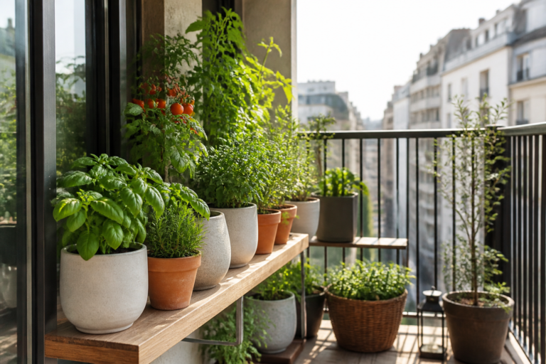 Container plants and herbs growing on a small apartment balcony