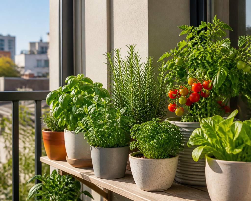 Small-space apartment gardening ideas with herbs and vegetables in containers