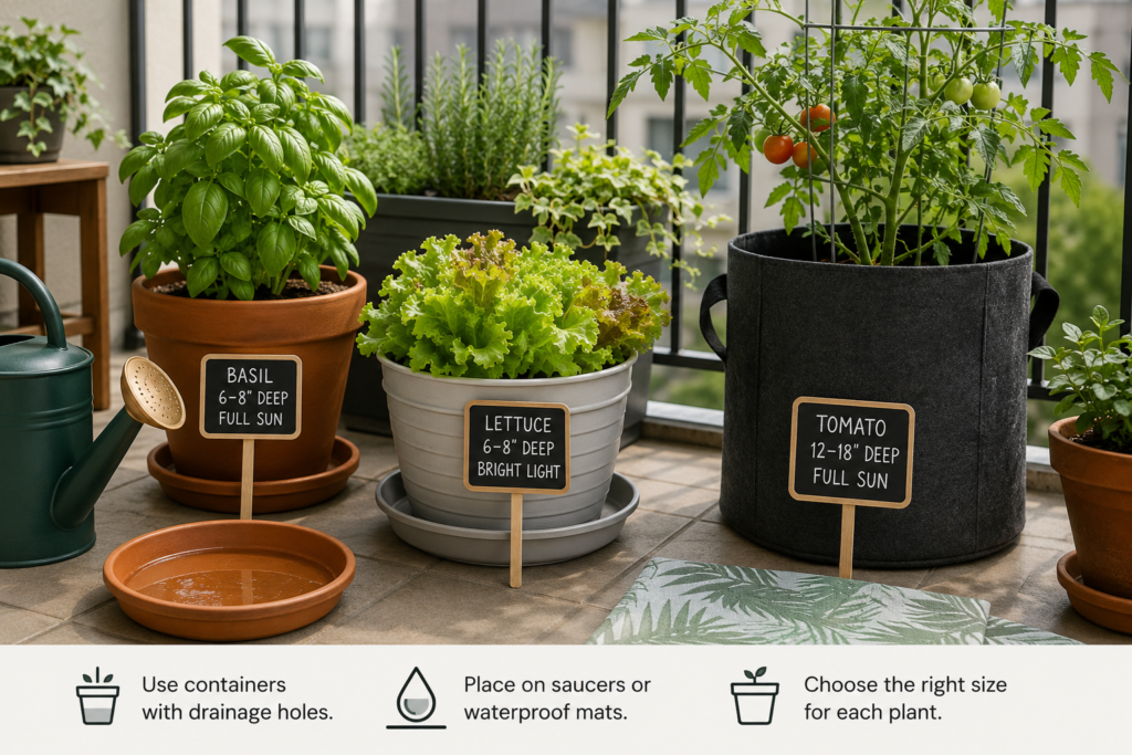 Apartment garden containers with basil, lettuce, and a tomato plant placed on saucers for drainage.