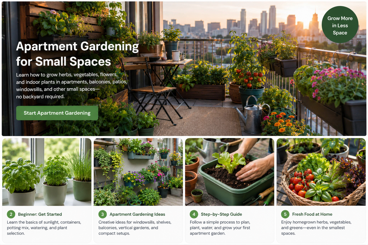 Compact small-space garden using containers and vertical growing space