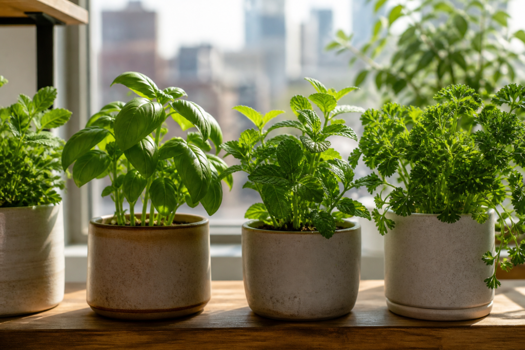 Potted basil, mint, and parsley growing on a sunny apartment windowsill.