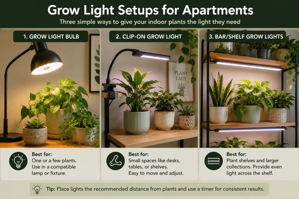 Different apartment grow light setups for indoor plants