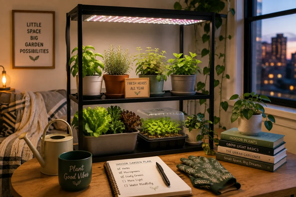 Small apartment indoor garden growing under an LED grow light