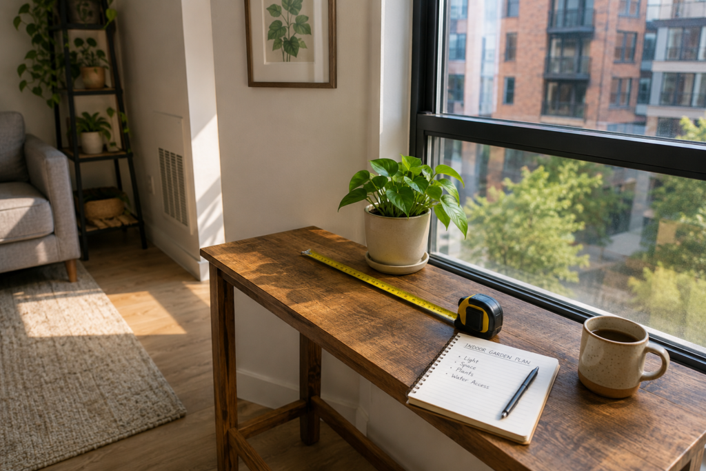 Bright apartment window with a small table, plant, measuring tape, and notebook for planning an indoor garden