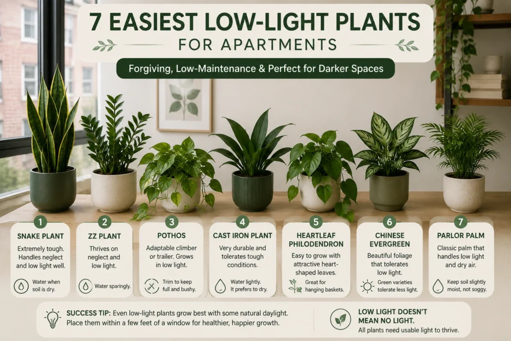 Seven easy low-light indoor plants for apartments, including snake plant, ZZ plant, pothos, cast iron plant, heartleaf philodendron, Chinese evergreen, and parlor palm.