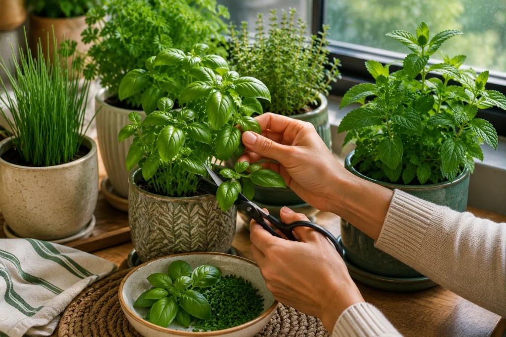 Harvesting fresh basil and chives from indoor herb plants
