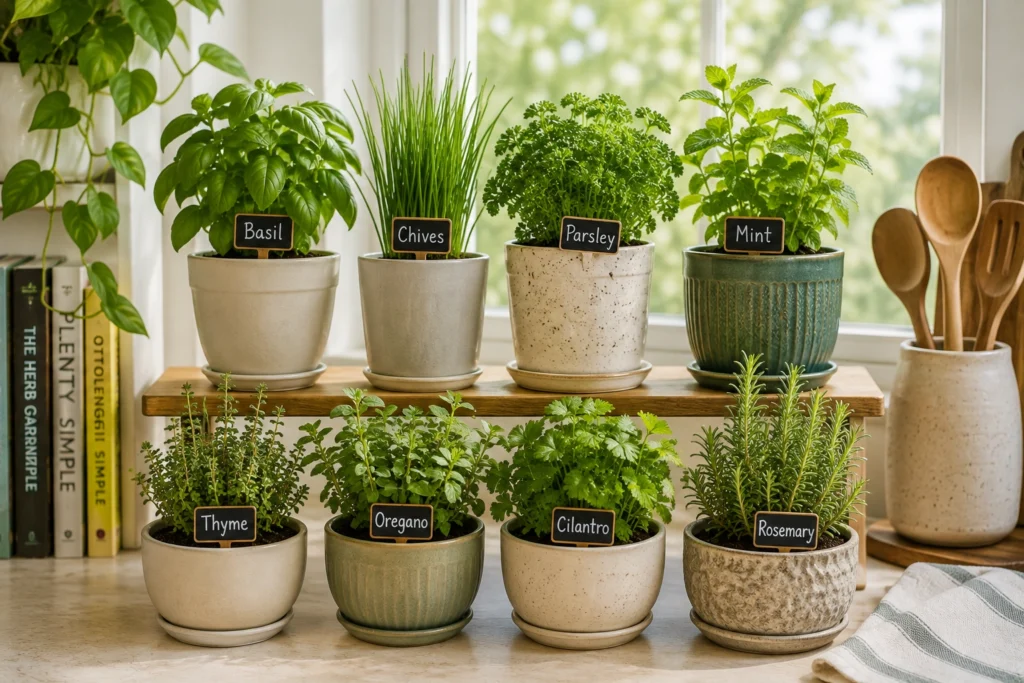 Basil, chives, parsley, mint, thyme, oregano, cilantro, and rosemary growing indoors