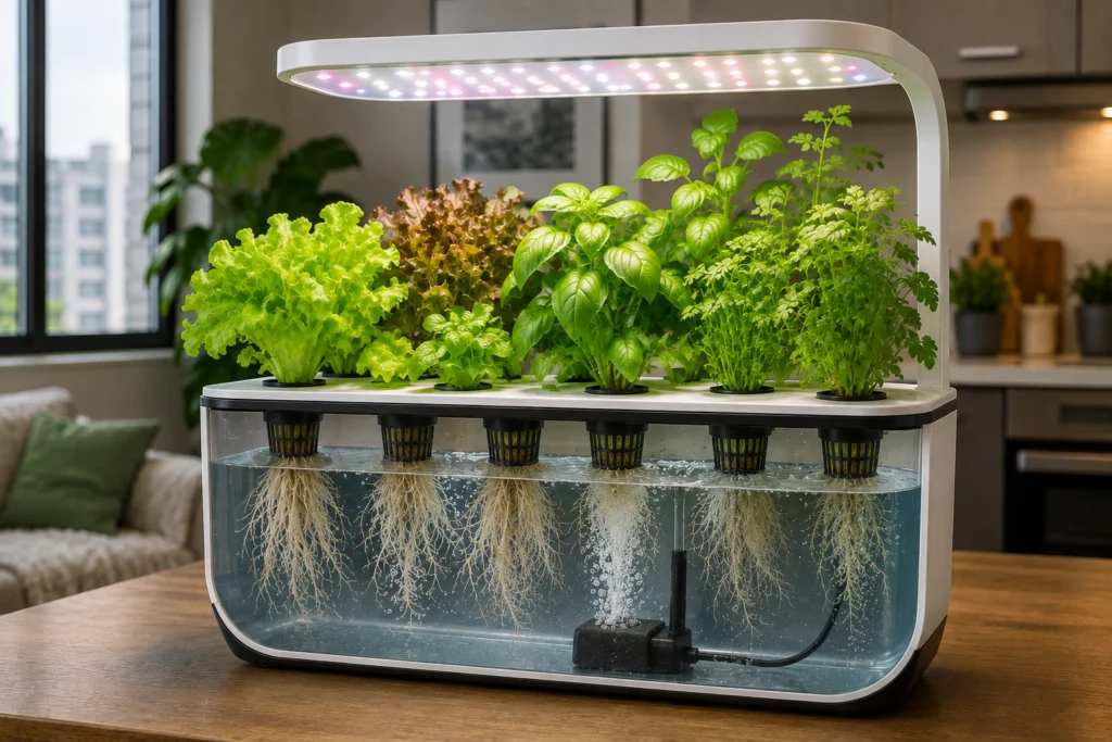 Indoor hydroponic garden showing plants, roots, nutrient solution, and grow light