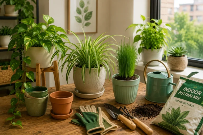 How to start an indoor garden with beginner-friendly plants, containers, potting mix, and basic gardening tools