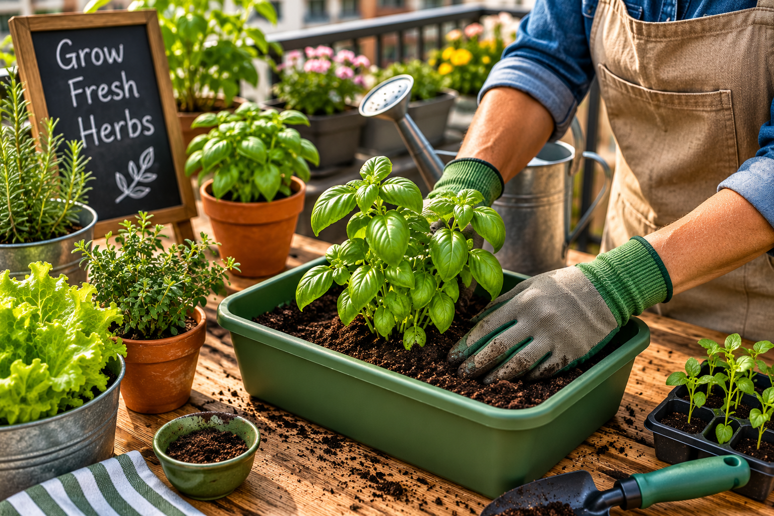 Planting herbs in a container to start an apartment garden