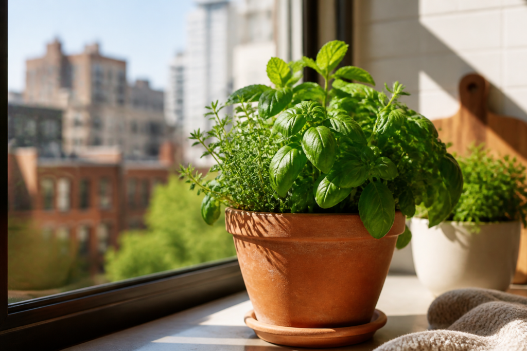 Potted basil and herbs growing on a sunny apartment windowsill