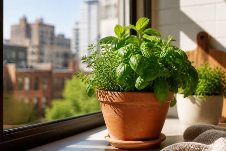 Potted basil and herbs growing on a sunny apartment windowsill