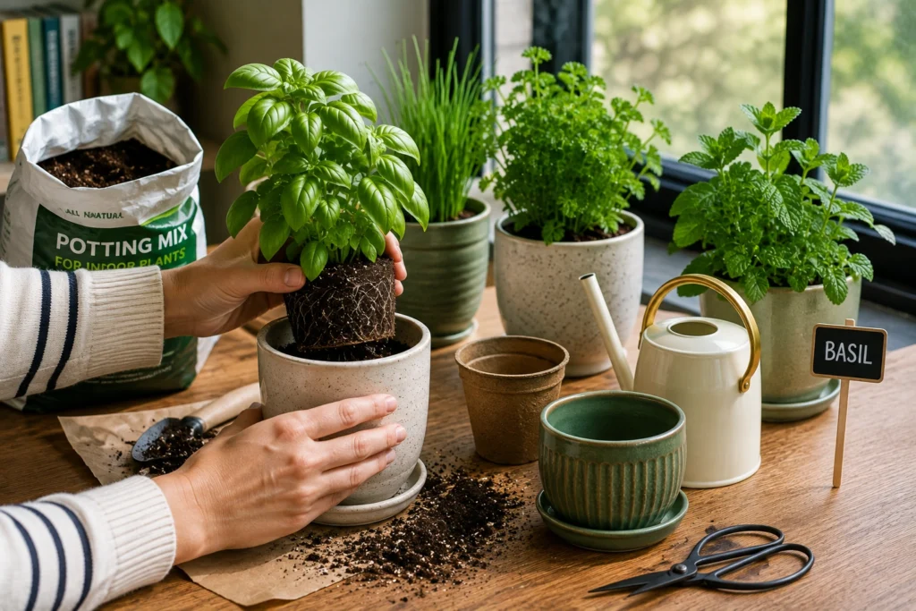 Planting a young herb in a container for an indoor herb garden