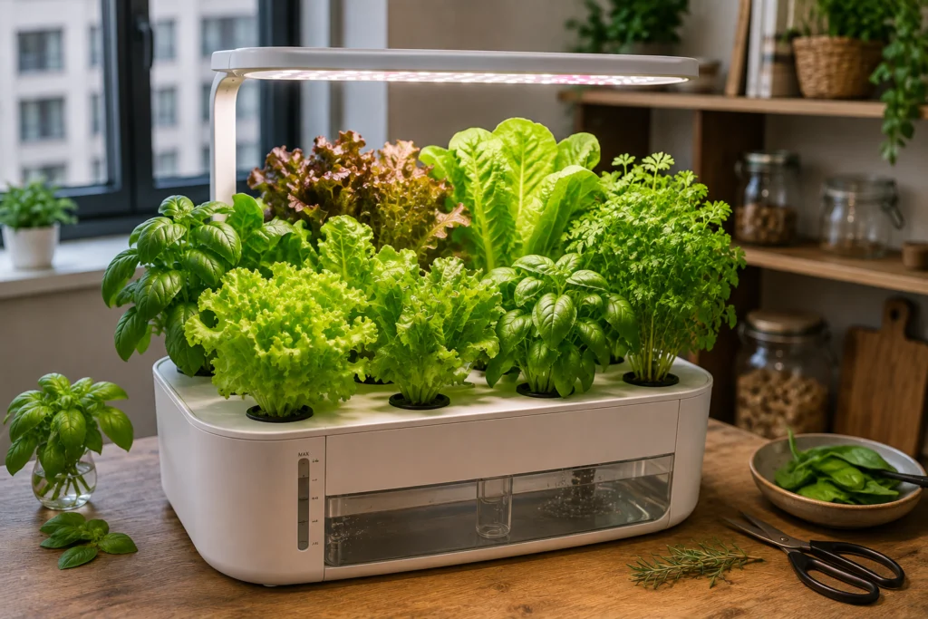 Lettuce, basil, herbs, and leafy greens growing in a small hydroponic system