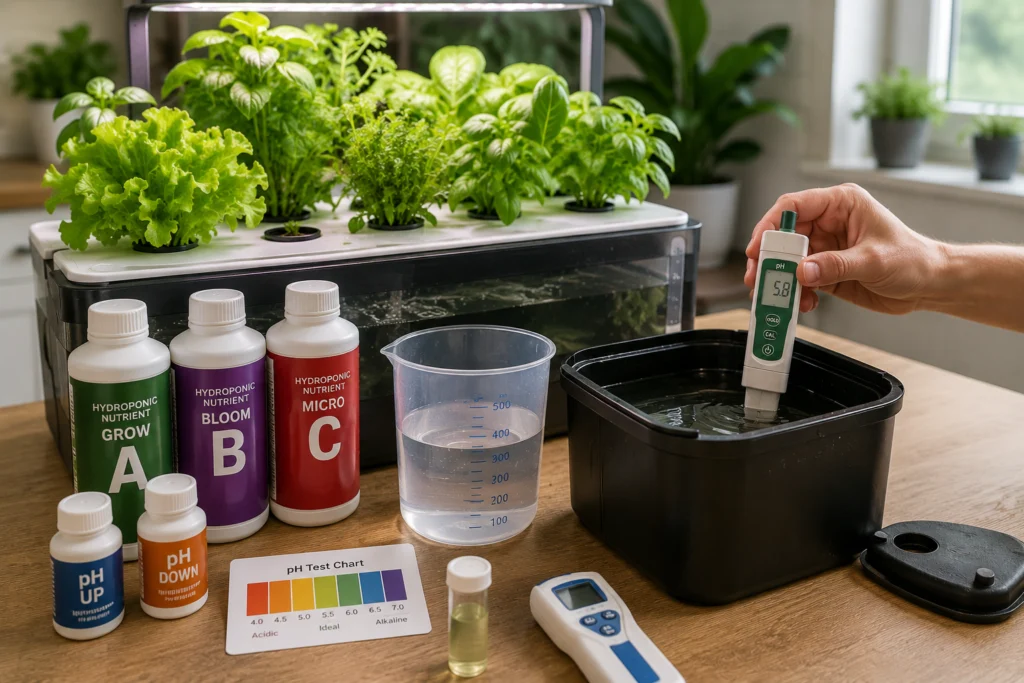 Checking nutrients and pH in a hydroponic garden reservoir