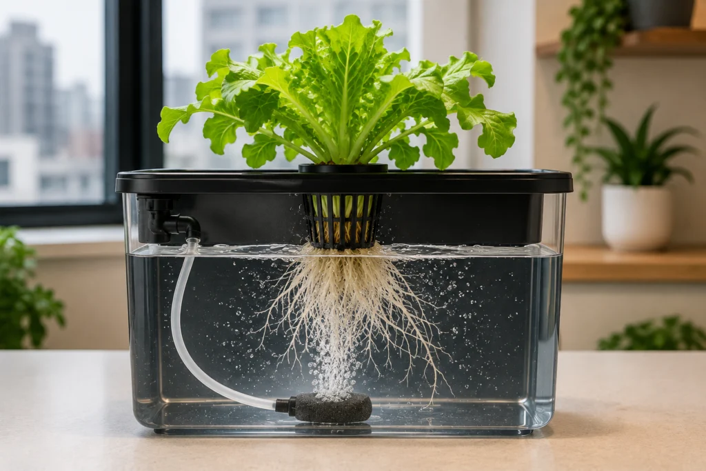 Hydroponic plant roots receiving oxygen from an air stone in a water reservoir