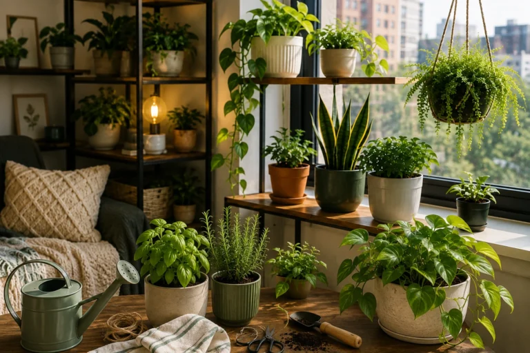Indoor apartment gardening with houseplants, herbs, and potted plants growing near a bright apartment window.