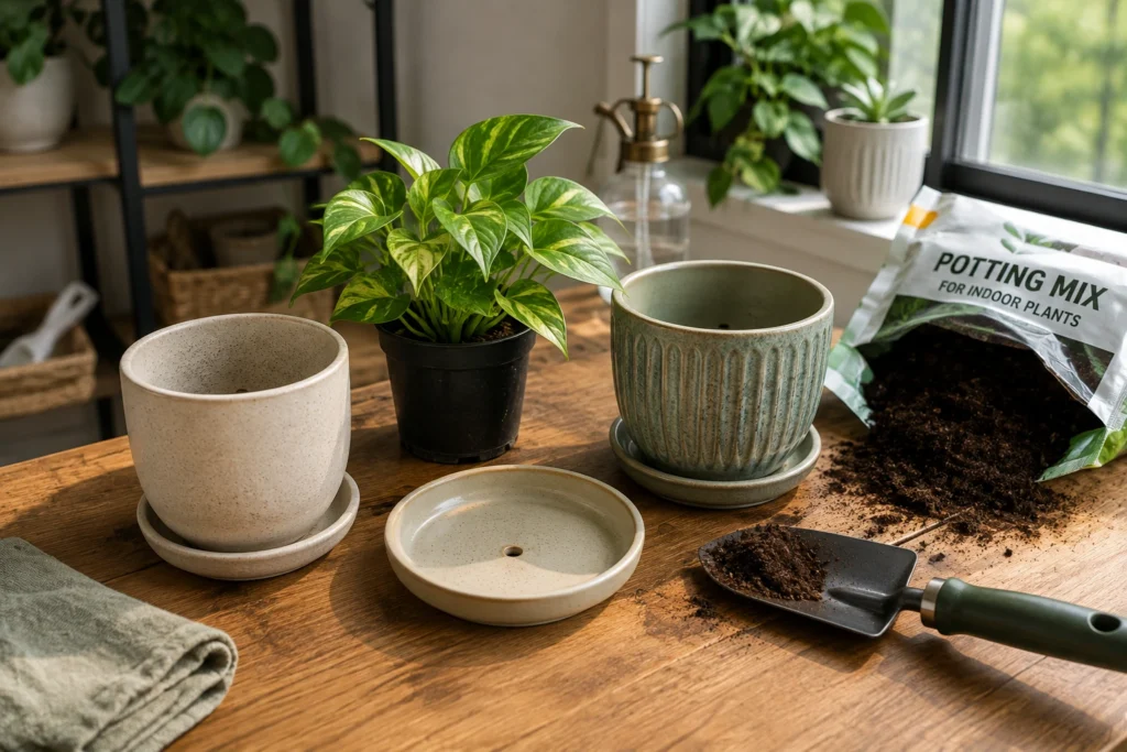 Houseplant being prepared for potting with containers, drainage saucers, potting mix, and a hand trowel