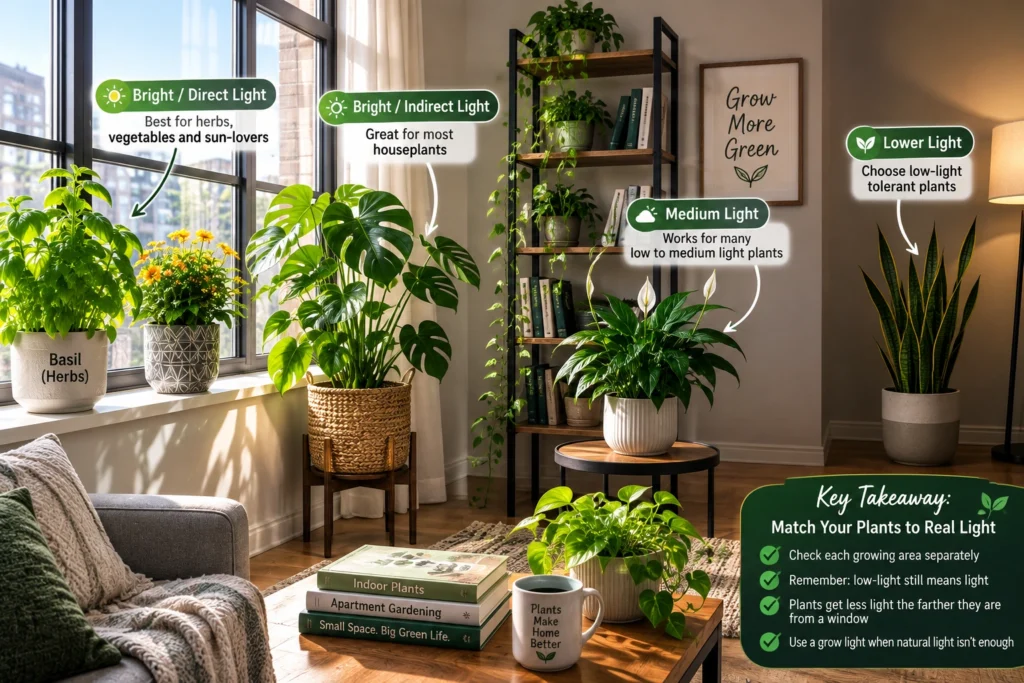 Indoor plants positioned at different distances from an apartment window