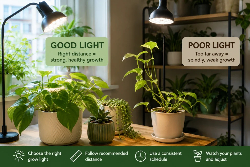 Indoor grow light positioned above apartment houseplants