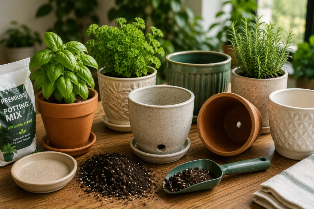 Indoor herb pots with drainage holes, saucers, and potting mix
