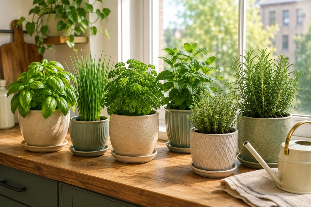 Indoor herb garden with fresh herbs growing beside an apartment window