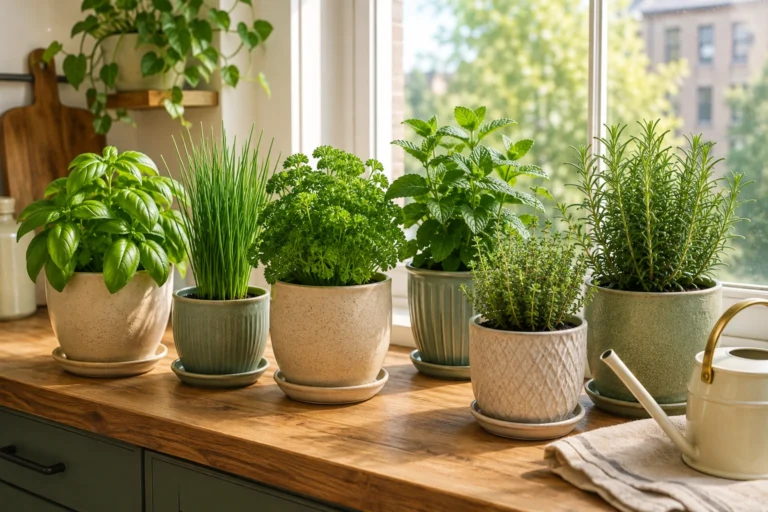 Indoor herb garden with fresh herbs growing beside an apartment window