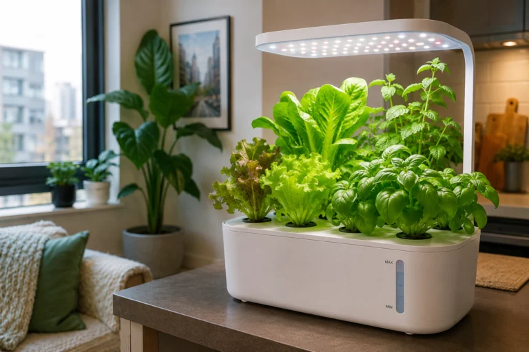 Indoor hydroponic garden growing herbs and leafy greens in an apartment