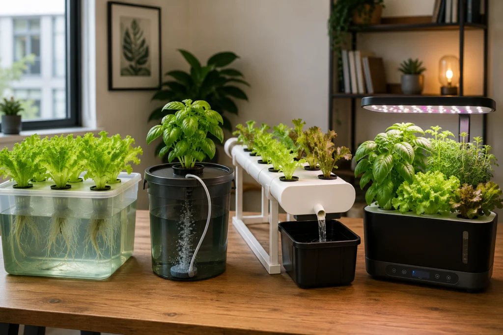 Different indoor hydroponic systems for growing plants without soil