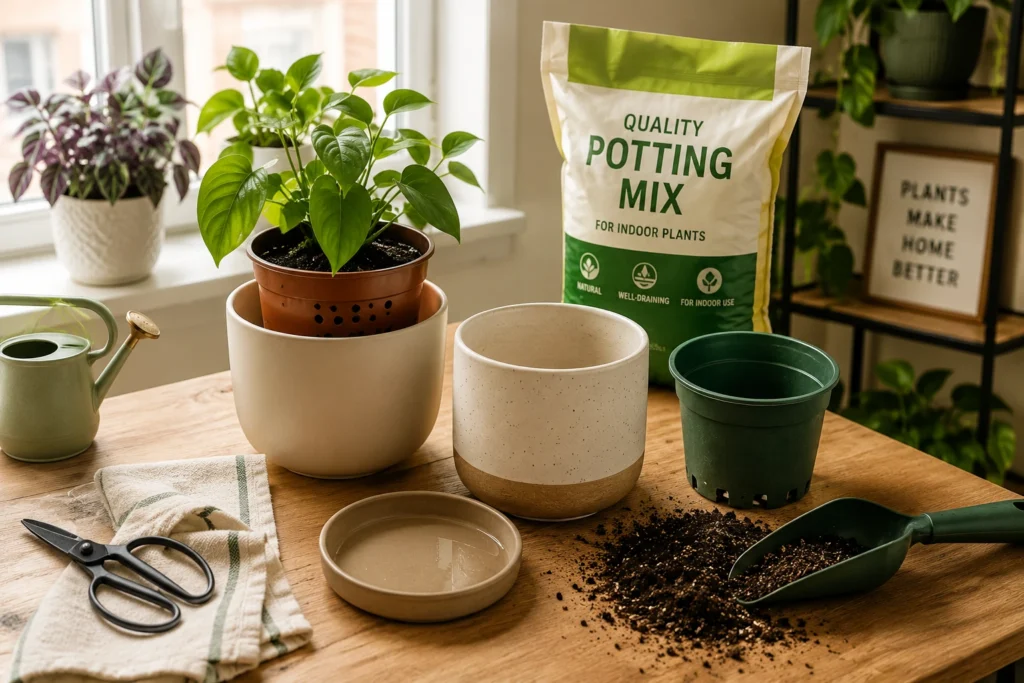 Indoor plant pots with drainage holes and protective saucers