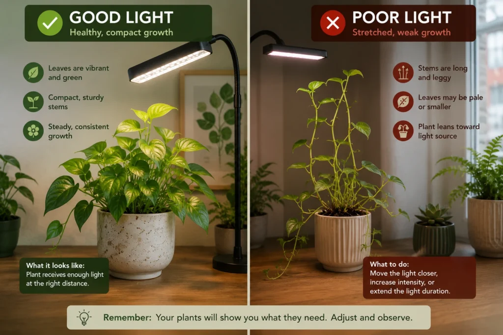 Healthy and stretched indoor plants showing different light conditions