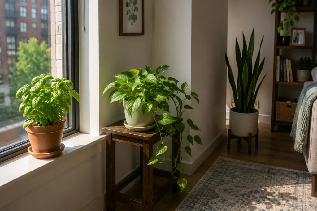 Indoor plants placed at different distances from a bright apartment window based on their light needs