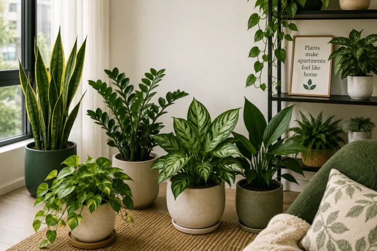 Low-light indoor plants arranged in a bright apartment living room