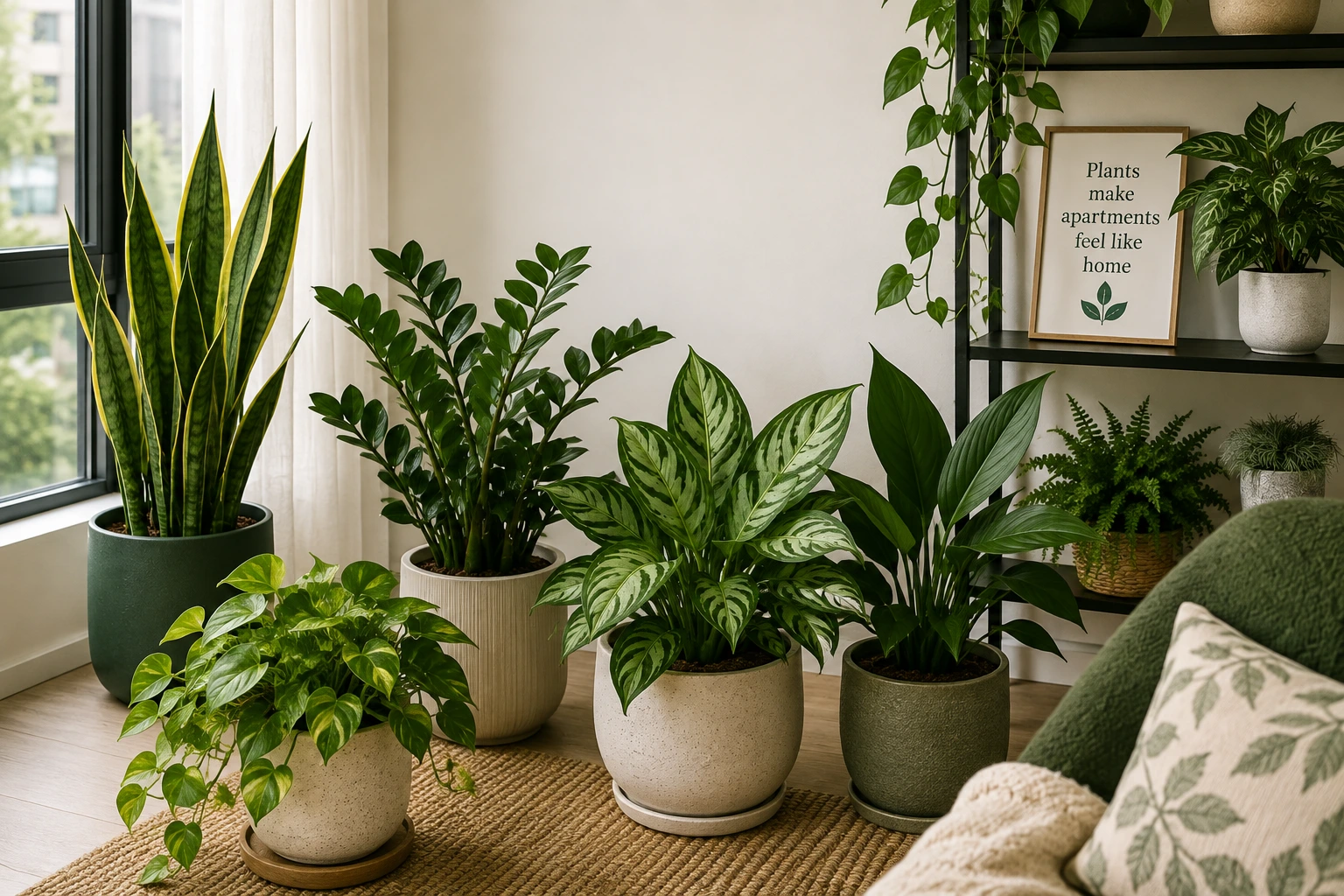 Low-light indoor plants arranged in a bright apartment living room