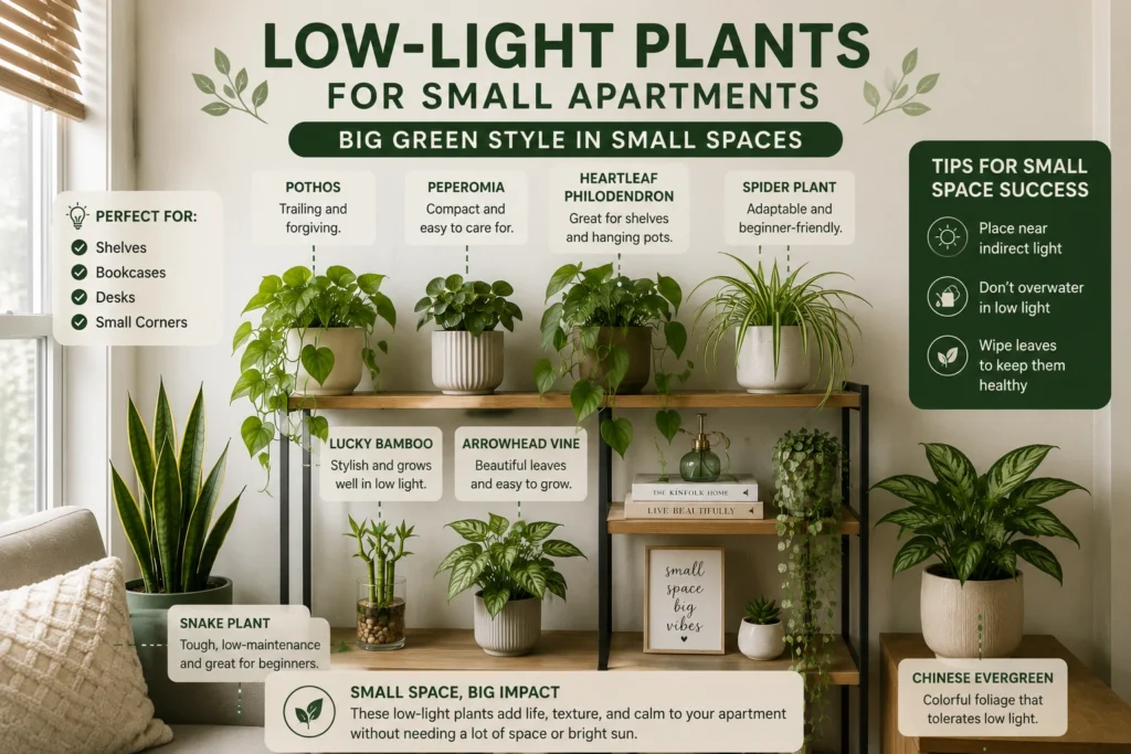 Low-light indoor plants arranged on shelves and in small apartment spaces, including pothos, peperomia, heartleaf philodendron, spider plant, snake plant, and Chinese evergreen.