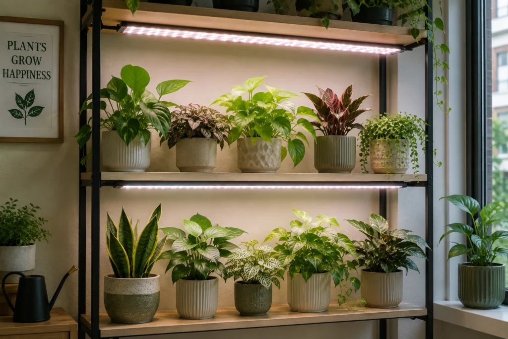 LED grow lights installed above an indoor plant shelf