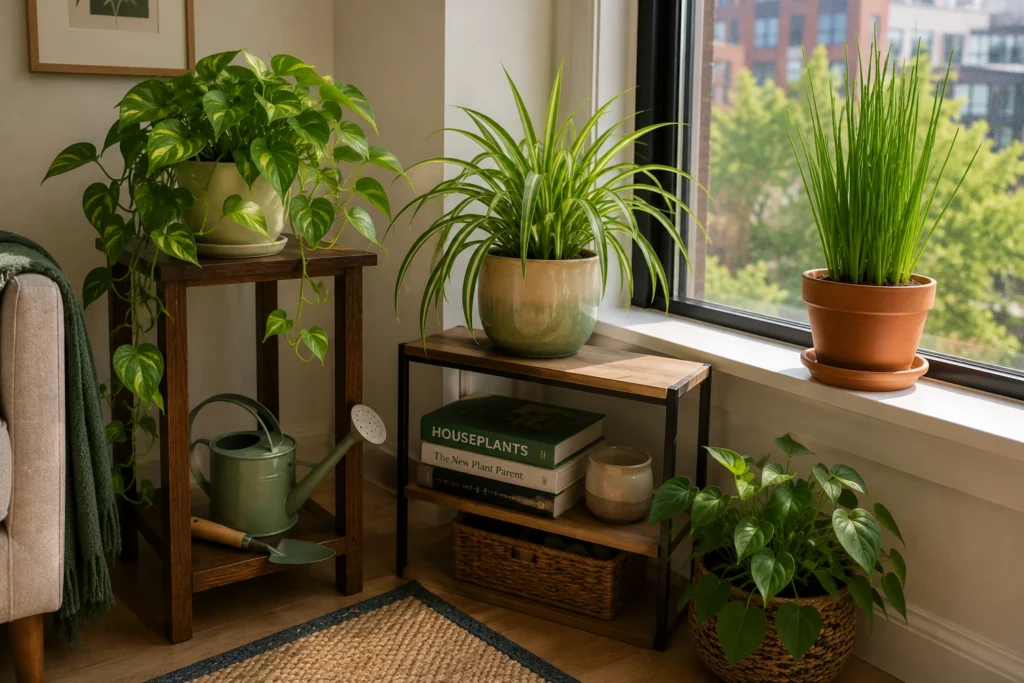 Simple beginner indoor garden with three plants arranged beside a bright apartment window