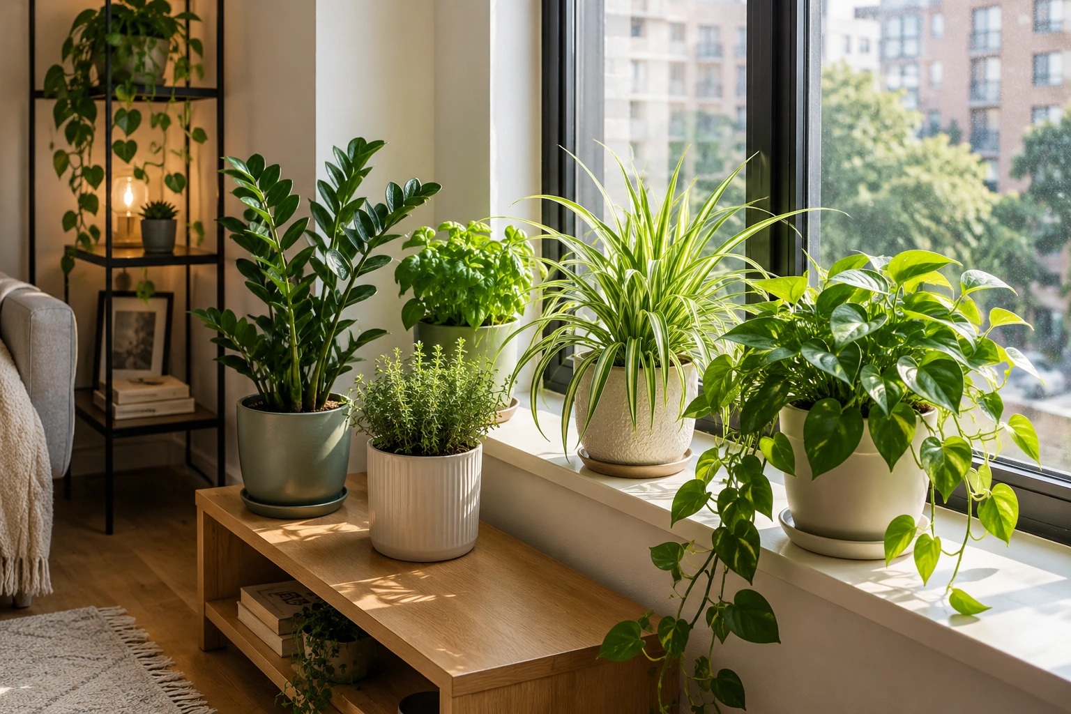 Indoor apartment garden with herbs and houseplants near a window