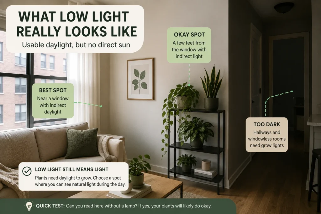 Low-light indoor plants positioned near indirect daylight in an apartment, showing suitable and too-dark growing locations.