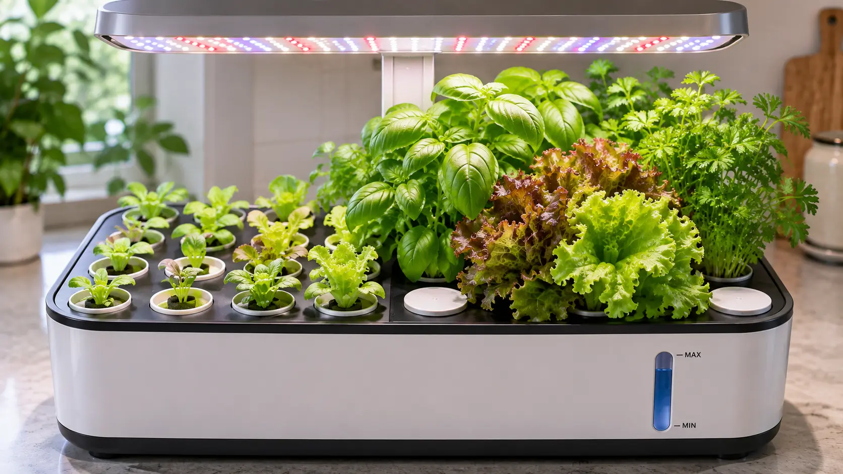 Hydroponic garden showing compact seedlings and larger mature plants competing for growing space