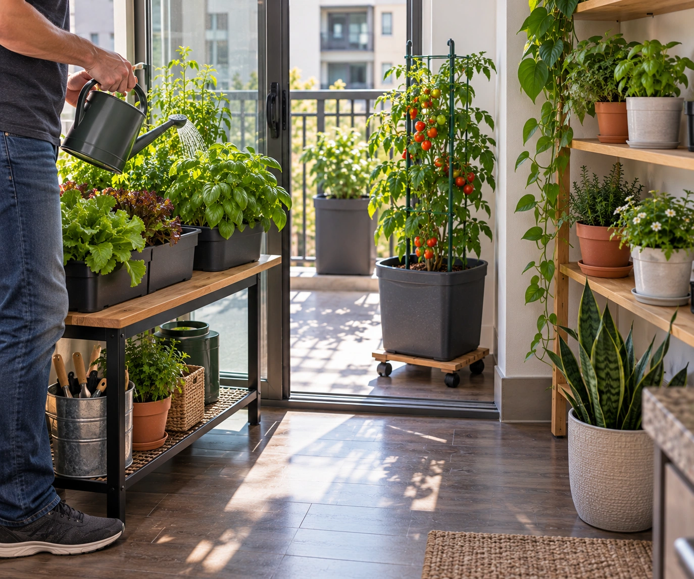 Accessible small apartment garden with movable containers and plants at different heights