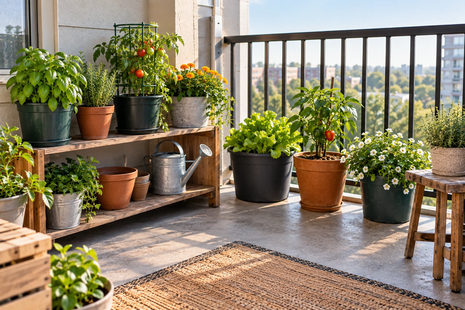 Established small-space garden with a few healthy container plants and room to expand