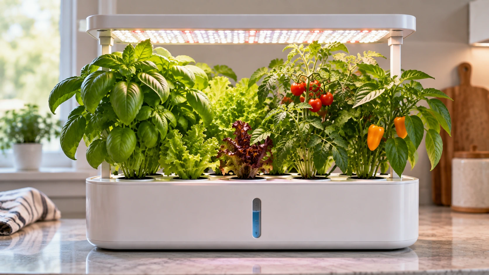 Compact hydroponic plants growing beneath an adjustable LED grow light
