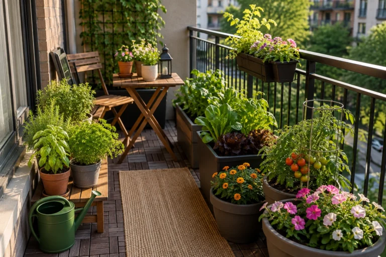 Apartment balcony gardening with herbs, flowers, and vegetables growing in containers