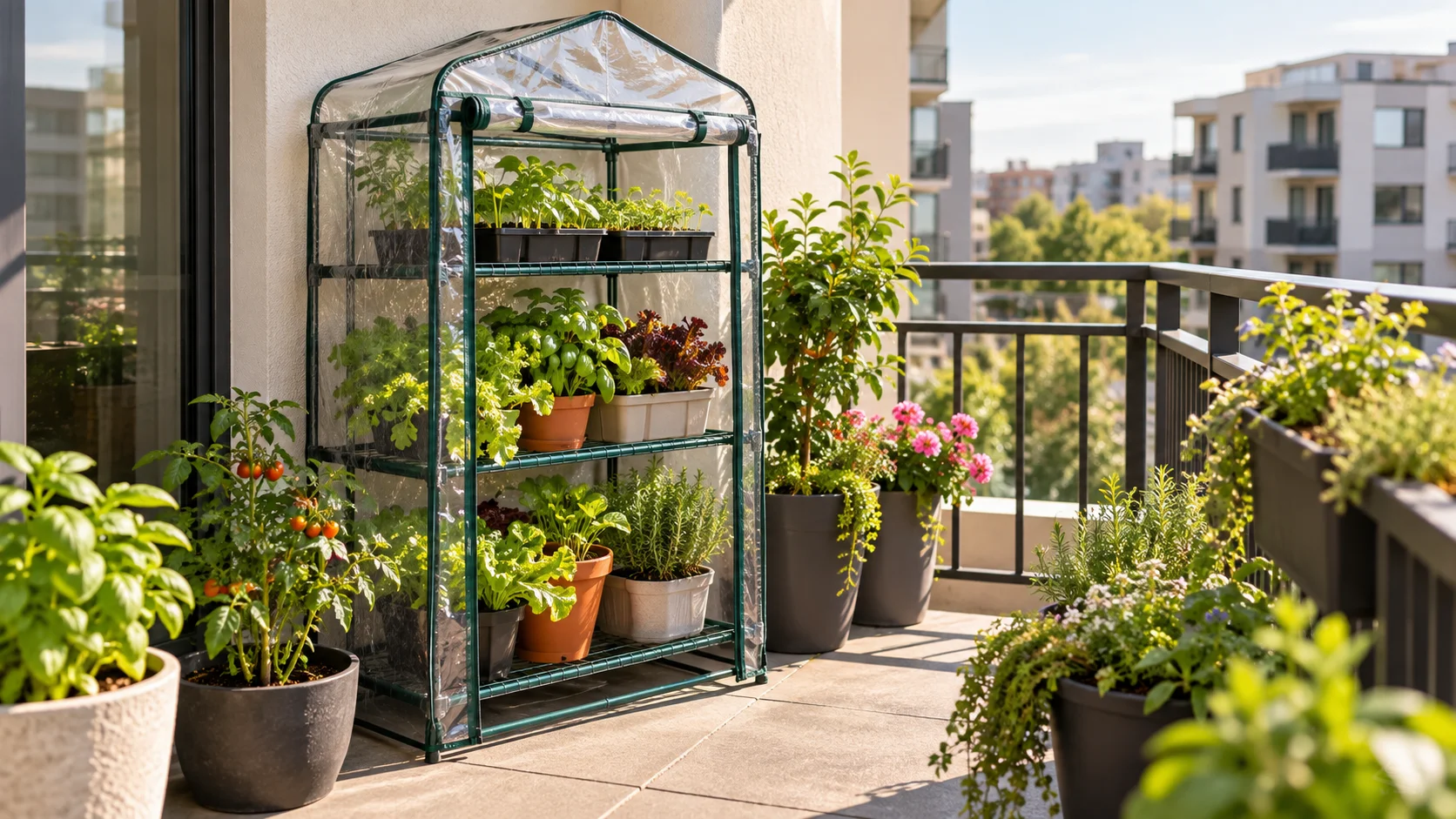 Small apartment balcony greenhouse with container plants and seedlings.