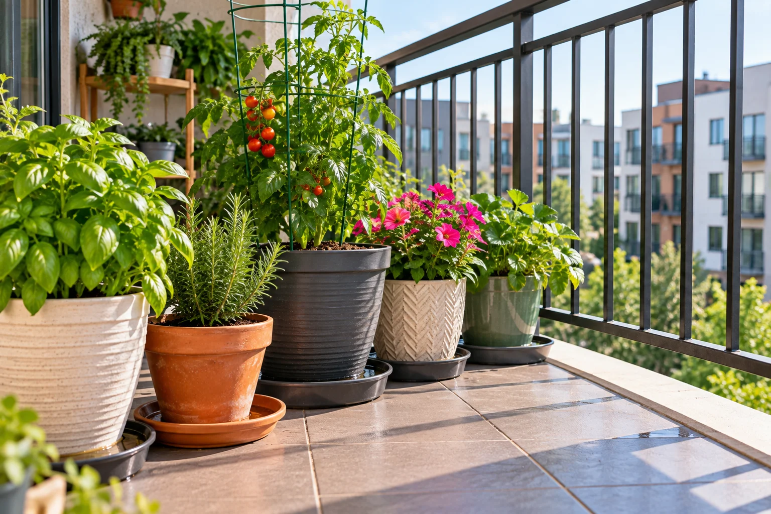 Balcony container plants using saucers to control drainage and prevent water from running below.