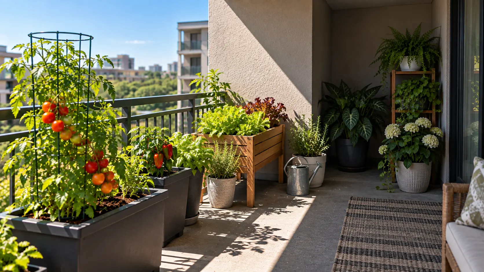 Apartment balcony with sunny, partially sunny and shaded container growing areas