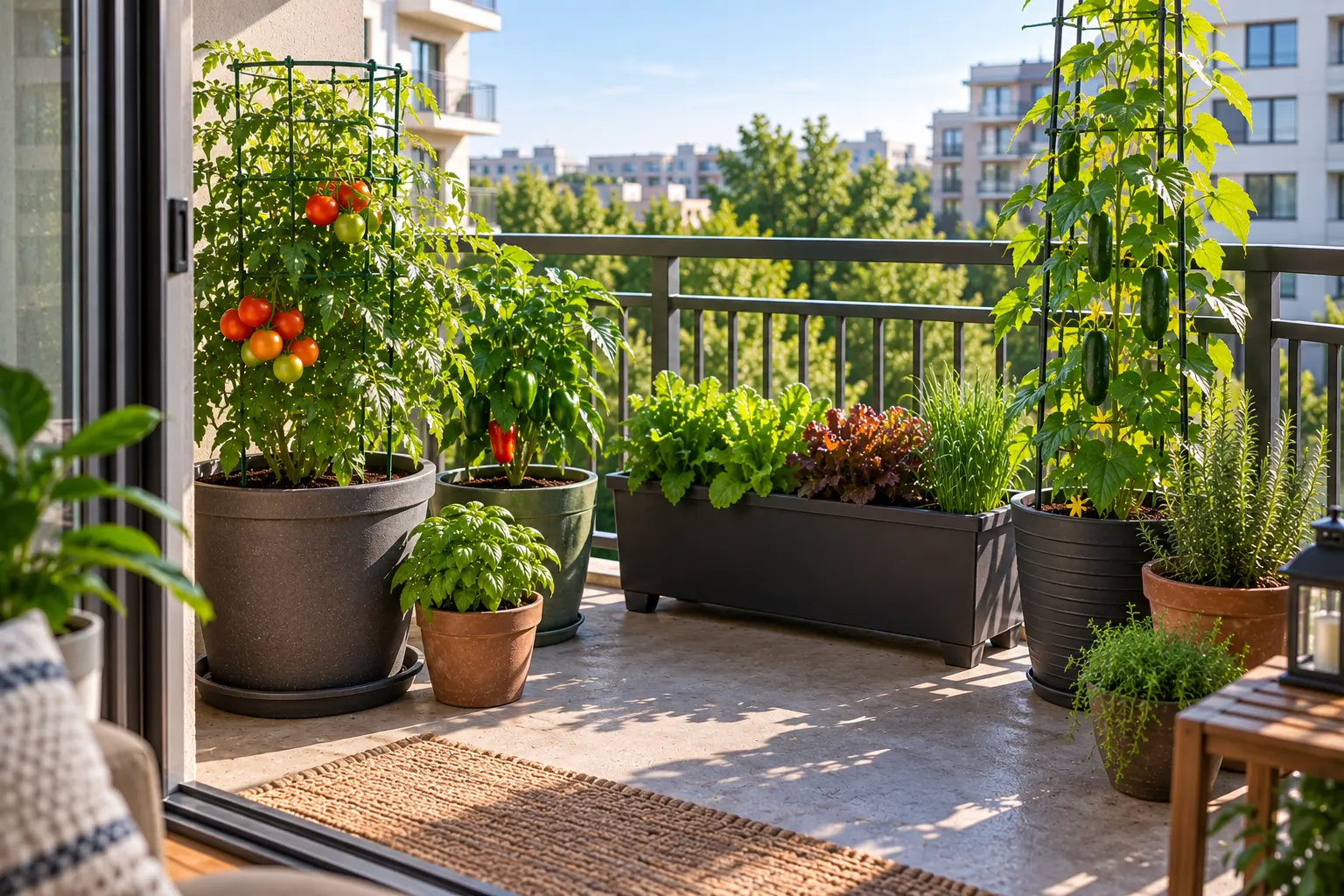 Small apartment balcony vegetable garden with tomatoes, peppers, leafy greens, and herbs growing in containers