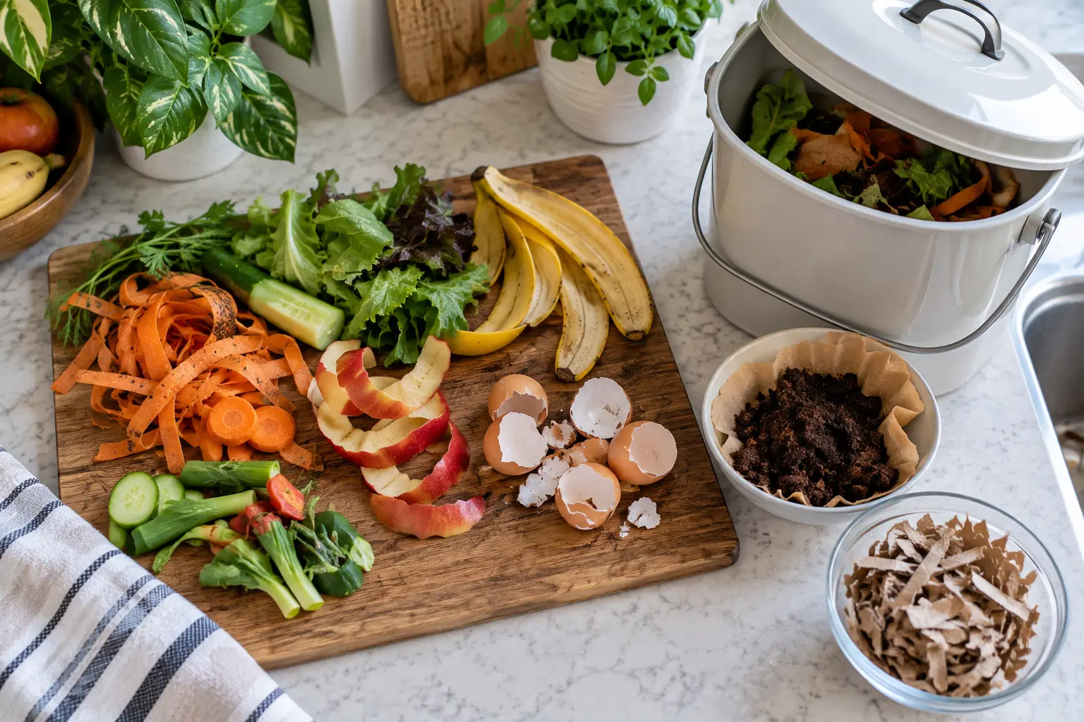 Fruit scraps, vegetable scraps, coffee grounds, eggshells, and cardboard prepared for apartment composting