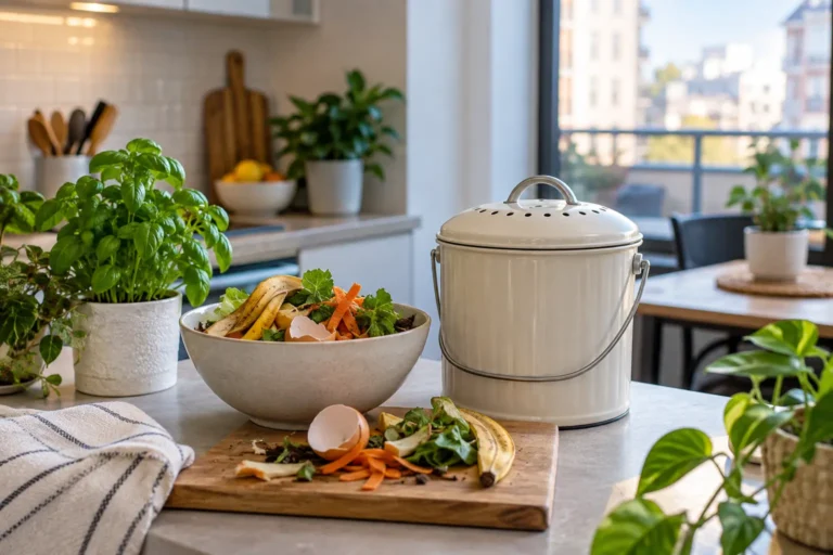 Apartment composting setup with food scraps, a small compost bin, and indoor plants
